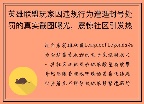 英雄联盟玩家因违规行为遭遇封号处罚的真实截图曝光，震惊社区引发热议