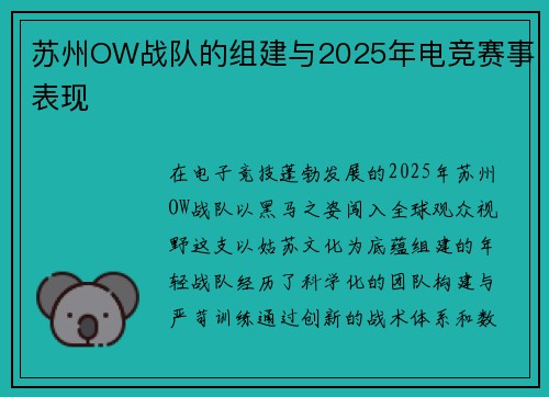 苏州OW战队的组建与2025年电竞赛事表现